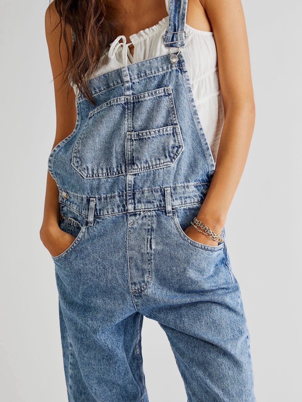 We The Free Light Blue Denim Overalls with Front Bib